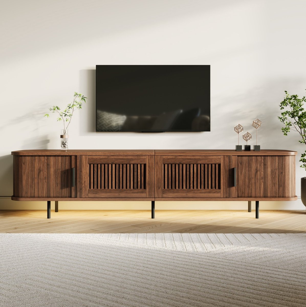 STILVORA TV Meubel - Tv Lowboard Met Lades, Schuifdeuren En App Led Verlichting - Voor Woonkamer En Hal - MDF En Spaanplaat - Walnoot - 180X40X44,5 Cm
