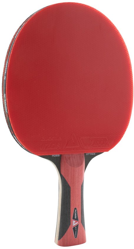 Tafeltennisbatje met rood blad en houten steel met zwarte en rode accenten. Tekst 'ROSSI ATTACK' op de steel.