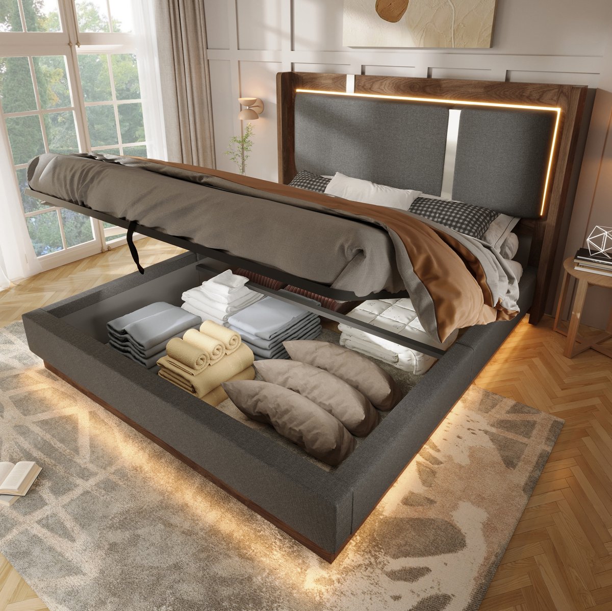 MODFU - Bedframe - LED Verlichting - Opbergruimte - Grijs - Walnoot - 140 X 190 Cm