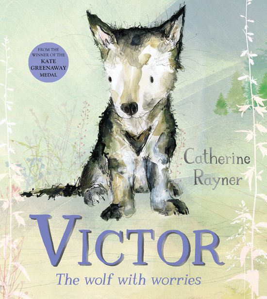 Boek 'Victor, de wolf met zorgen' van Catherine Rayner. Een illustratie van een zittende wolf met grijze en bruine vacht, met de tekst 'Victor, de wolf met zorgen'.