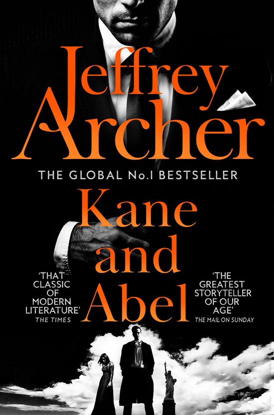 Boekomslag van 'Kane and Abel' van Jeffrey Archer. Met een man in een pak en twee figuren tegen een achtergrond van wolken en het Vrijheidsbeeld.