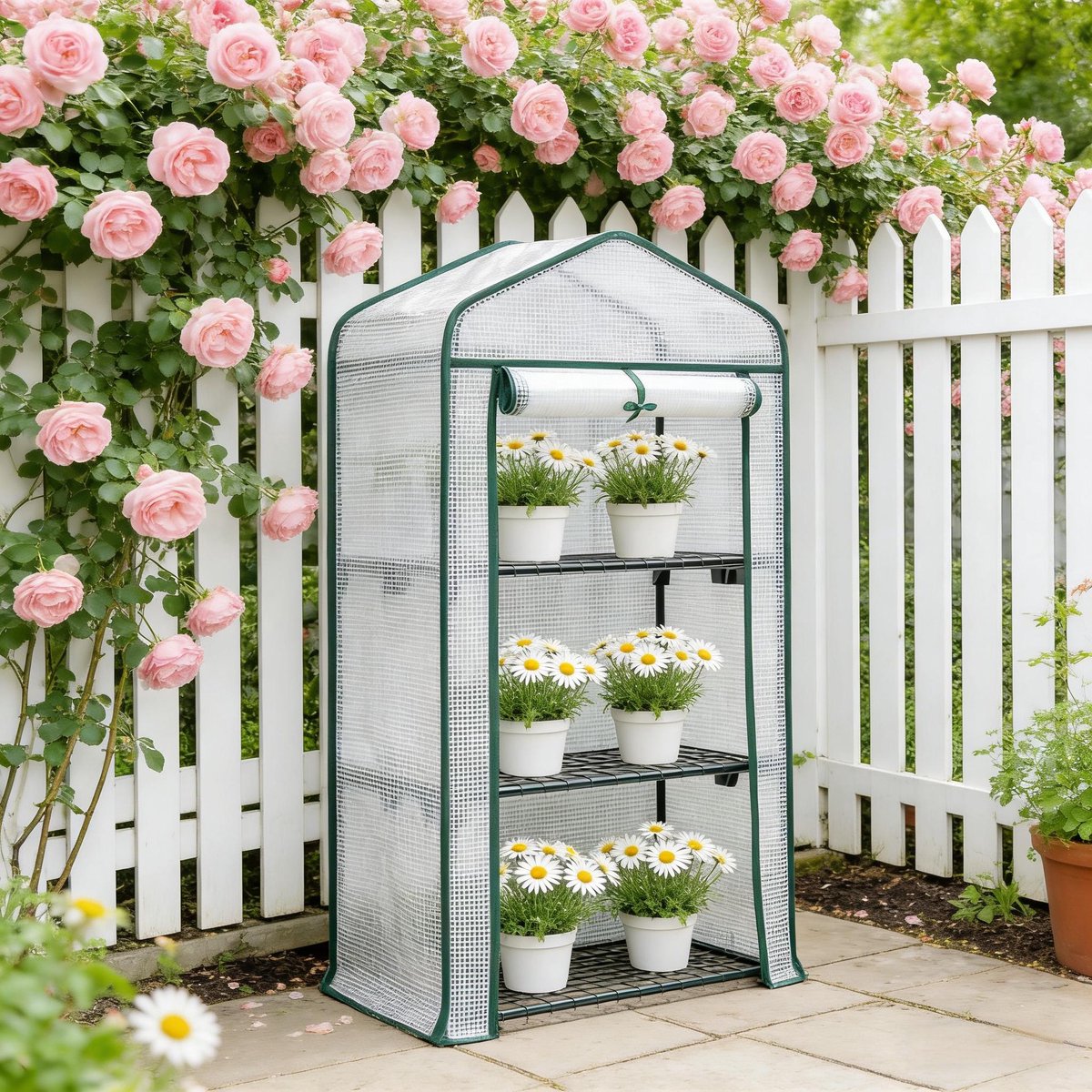 FloraGrace Kas – 69 X 49 X 125 Cm – Roldeur Met Rits – Metaal En Polyetheen – Wit – 3 Niveaus Voor Balkon Terras En Tuin