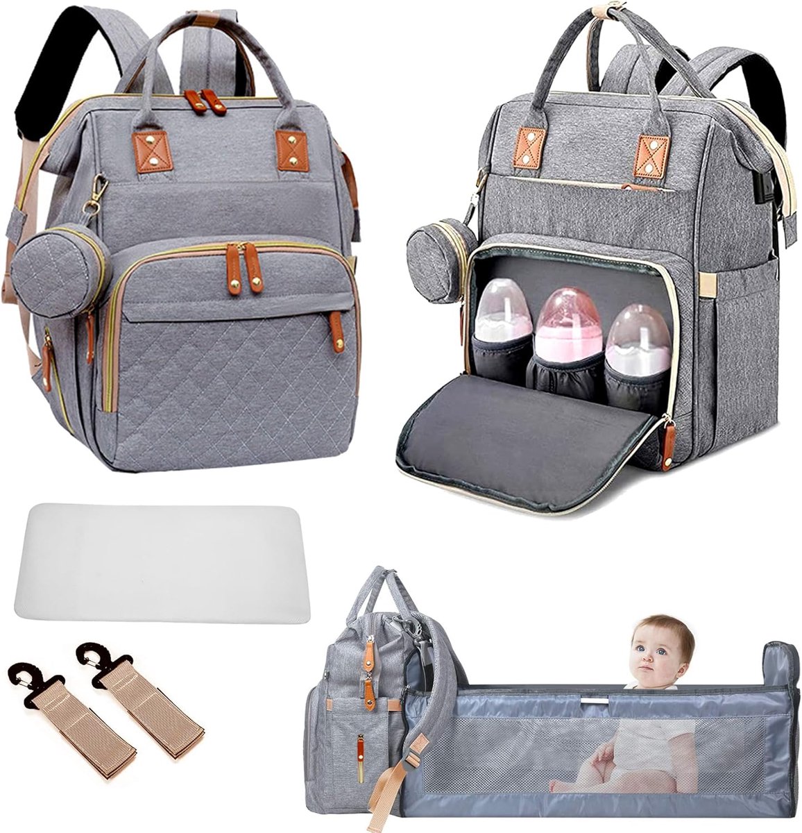 SnelShoppen - Fexkean Luiertas Rugzak Baby Luierrugzak met Grote Capaciteit, Draagbare Reis-Luiertas met Opvouwbaar Kinderbed, Multifunctionele Babyta