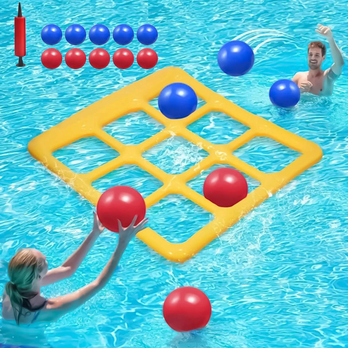 Boter-kaas-en-eieren-spel voor in het zwembad met handpomp en 10 ballen. Leuke zwembadspelset voor tieners, perfect voor zwemmen en waterspelletjes. Bordspelletjes, drijvend speelgoed voor in het zwembad, ideaal voor een feestje of buiten.