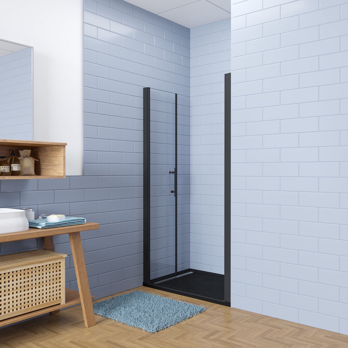 Aica industriële stijl dubbele draaideuren 70x195cm incl. Ultraplatte zwart douchebak 70x80cm incl. sifon - 6mm gehard veiligheidsglas easyclean - mat zwarte aluminium Profiel