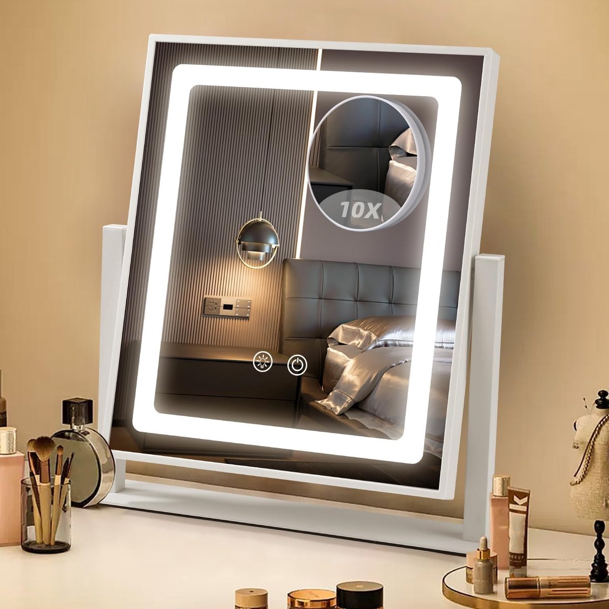 Hollywood Make-upspiegel - Wit - 33 x 30 cm - Dimbare LED met 10x Vergroting - Voor Schoonheid en Verzorging