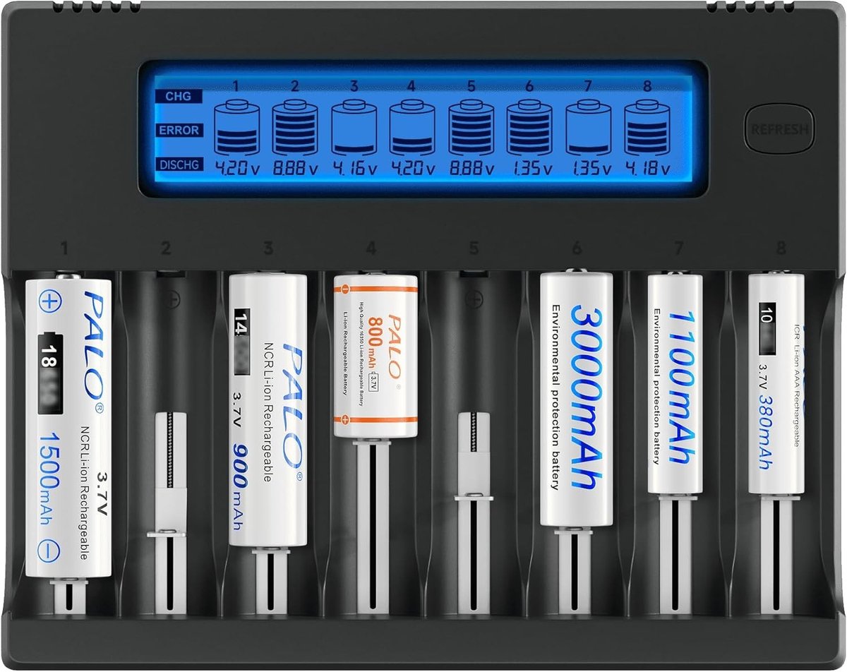 Acculader - Zwart - 8-Sleuven - Intelligent met LCD-Scherm en Ontlaadfunctie - Voor Li-Ion en NiMH Batterijen