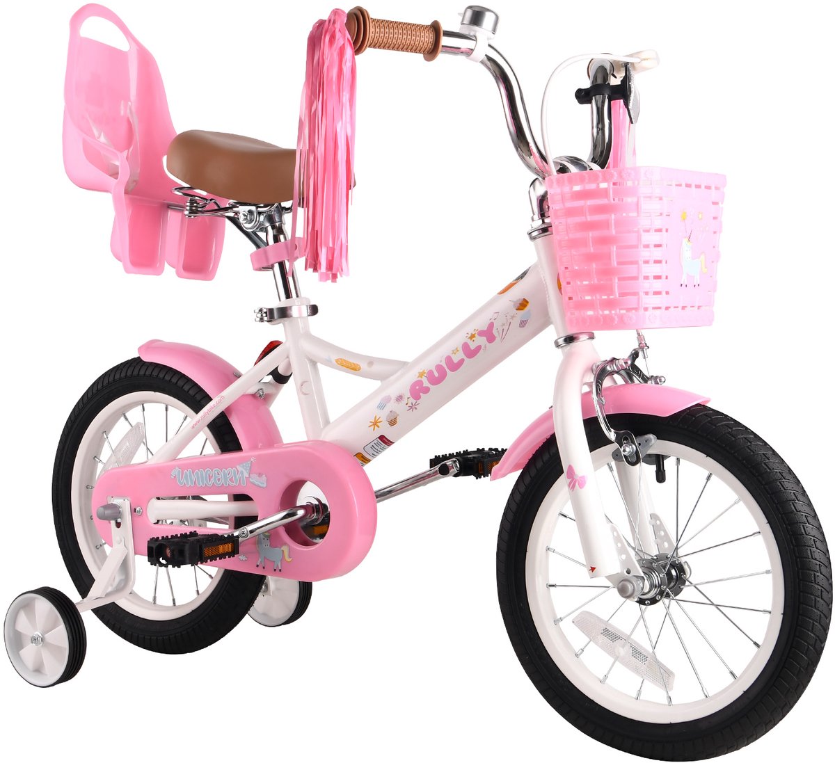 Vankel Kinderfiets voor Meisjes - 12/14/16 inch - Unicorn - 2-7 Jaar - Met Zijwieltjes, Mandje en Poppenzitje - wit