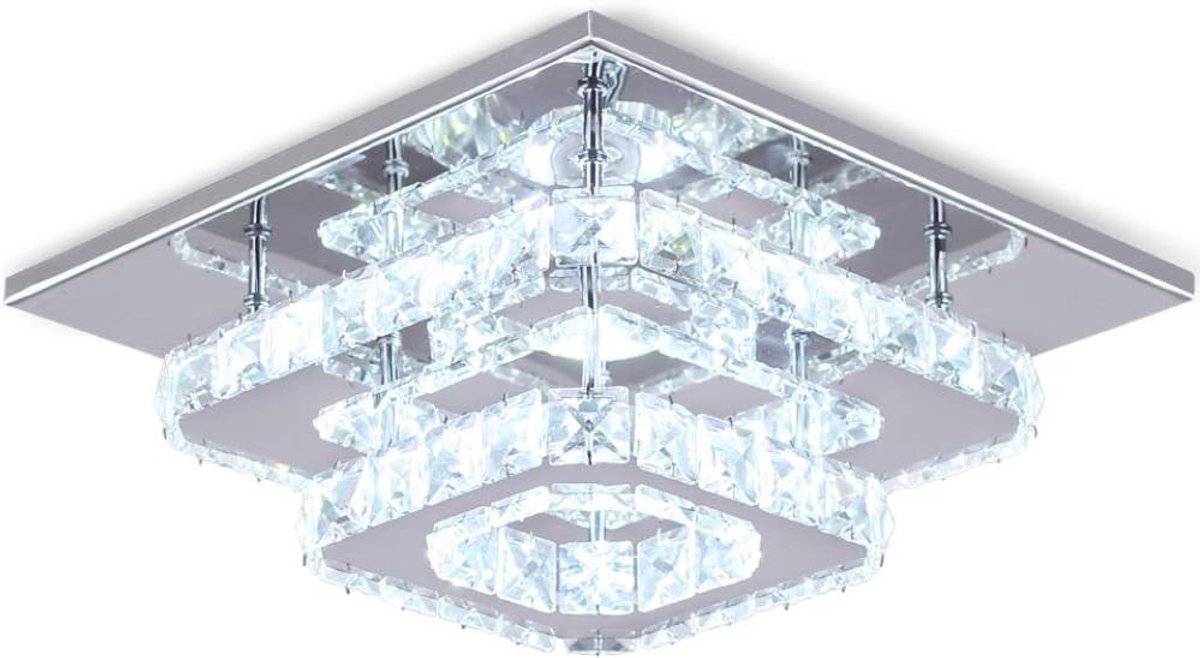 Kristallen LED-plafondlamp - Koel Wit - 25 x 25 x 12 cm - K9 Kristal met Roestvrij Staal - Voor Woonkamer en Slaapkamer