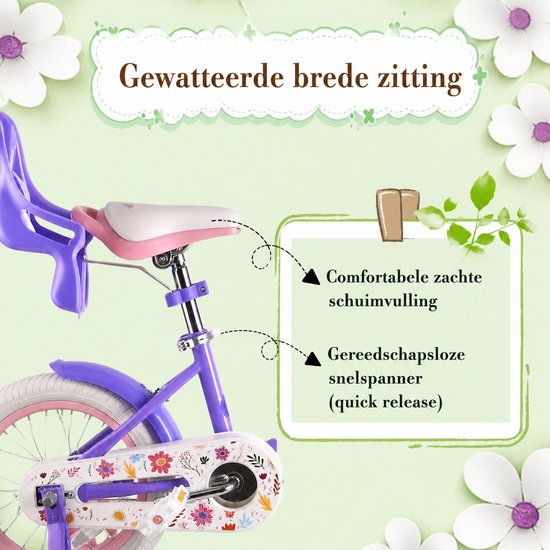 Vankel Meisjesfiets - 12/14/16 inch - Prinses Bloemendesign - Met Zijwieltjes, Roze Rieten Mand en Poppenzitje - Paars van VANKEL — afbeelding 5