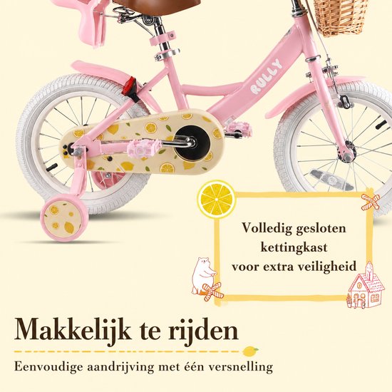 Rully Meisjesfiets - 12/14/16 inch - Fruitendesign - Met Zijwieltjes, Bruine Rieten Mand en Poppenzitje -Roze — afbeelding 4