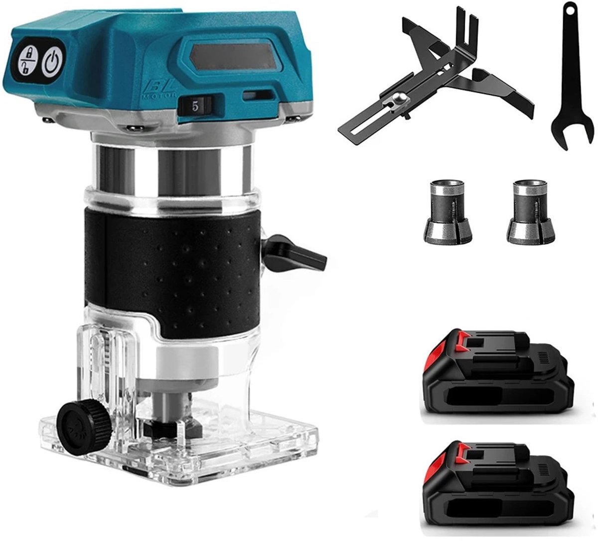 Loushops - Freesmachine - Freesmachines - Houtfrees - Houtfreesmachine - 18V accu - 5-Standenregeling - Transparent base - Blauw
