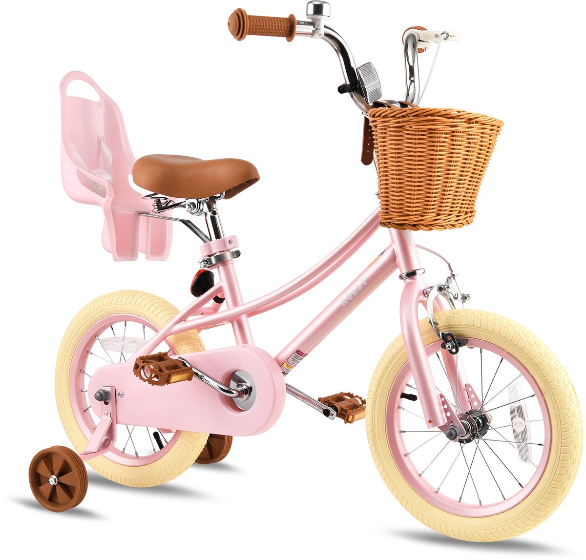 Vankel Kinderfiets voor Meisjes 12 14 16 inch Retro Design Met Zijwieltjes en Rieten Mand Roze