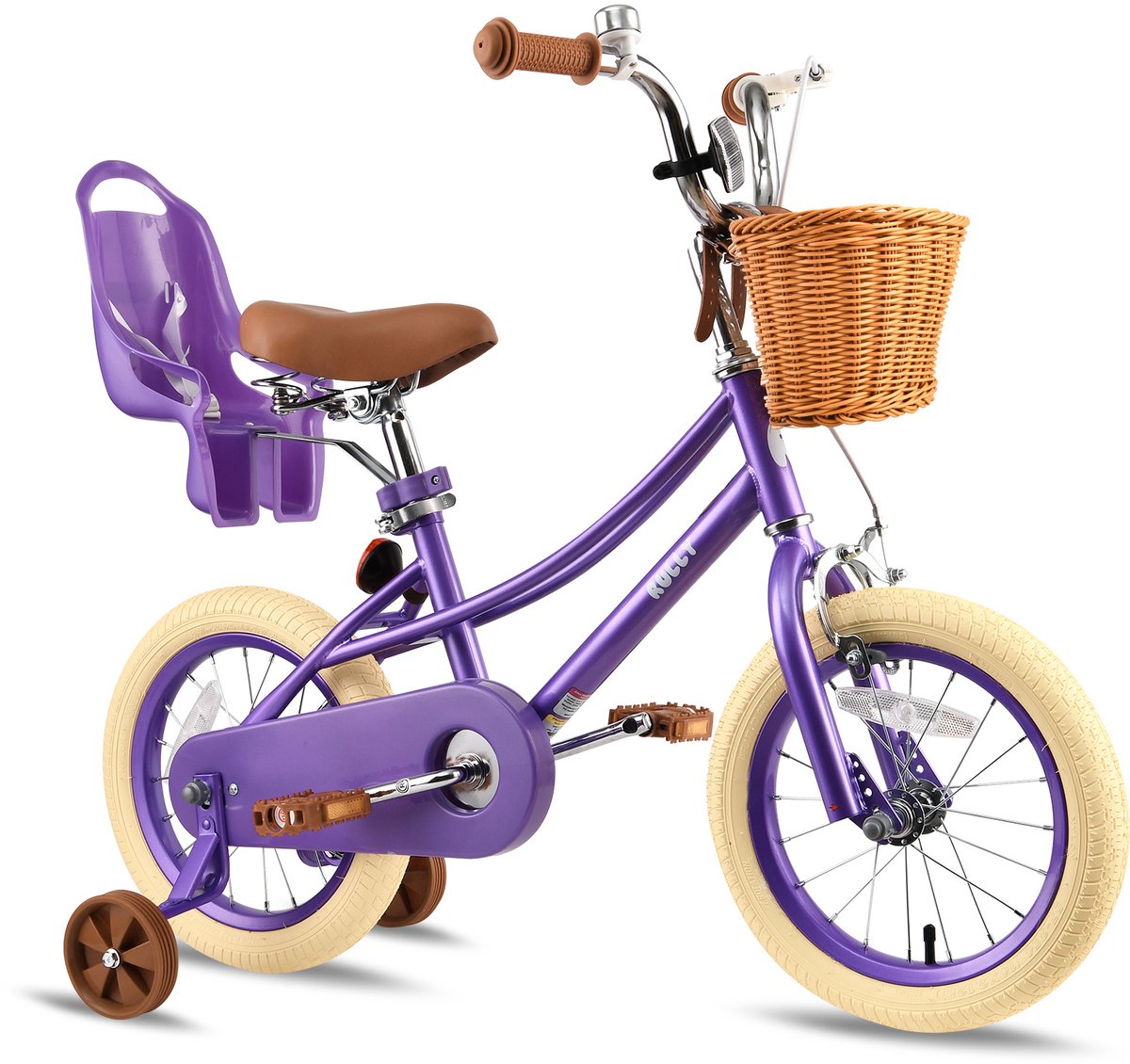 Vankel Kinderfiets voor Meisjes - 12/14/16 inch - Retro Design - Met Zijwieltjes en Rieten Mand - Paars