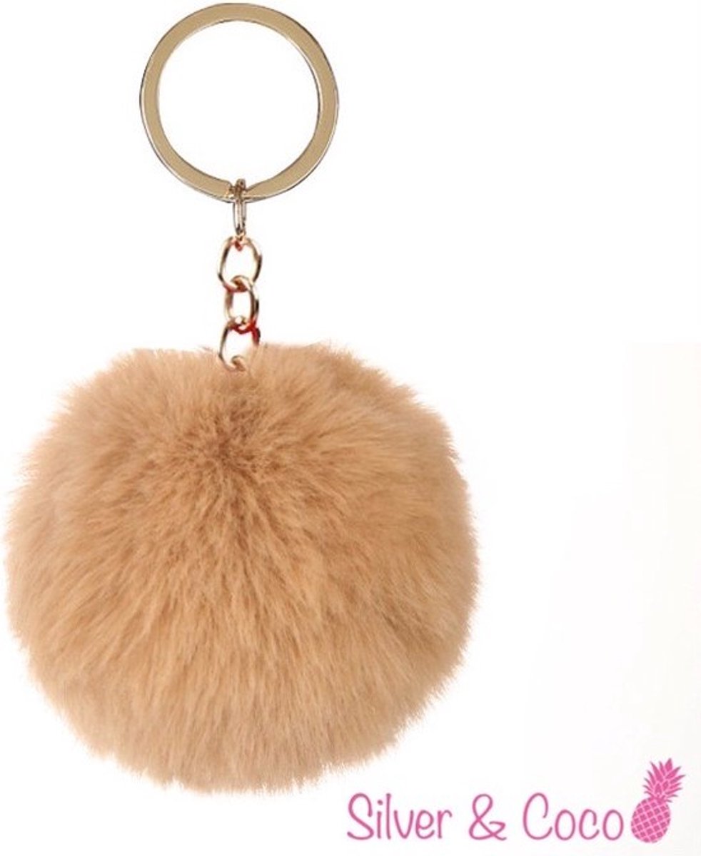 SilverAndCoco® - Beige Faux Fur Bal / Meisjes Sleutelhanger Auto Huis / Key Chain Pom Pom / Sleutel Ring Nep Bol Imitatie Bont / Pluche Fluffy Bolletje / Sleutels Vrouwen - Beige / Bruin / Camel