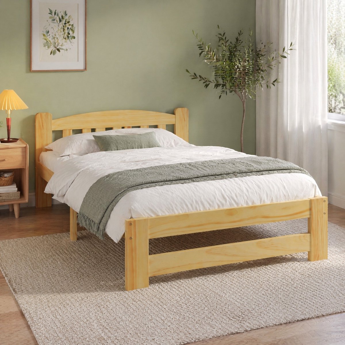 COVREO Eenpersoonsbed 205x96x55 cm naturel hout, met hoofdbord en lattenbodem