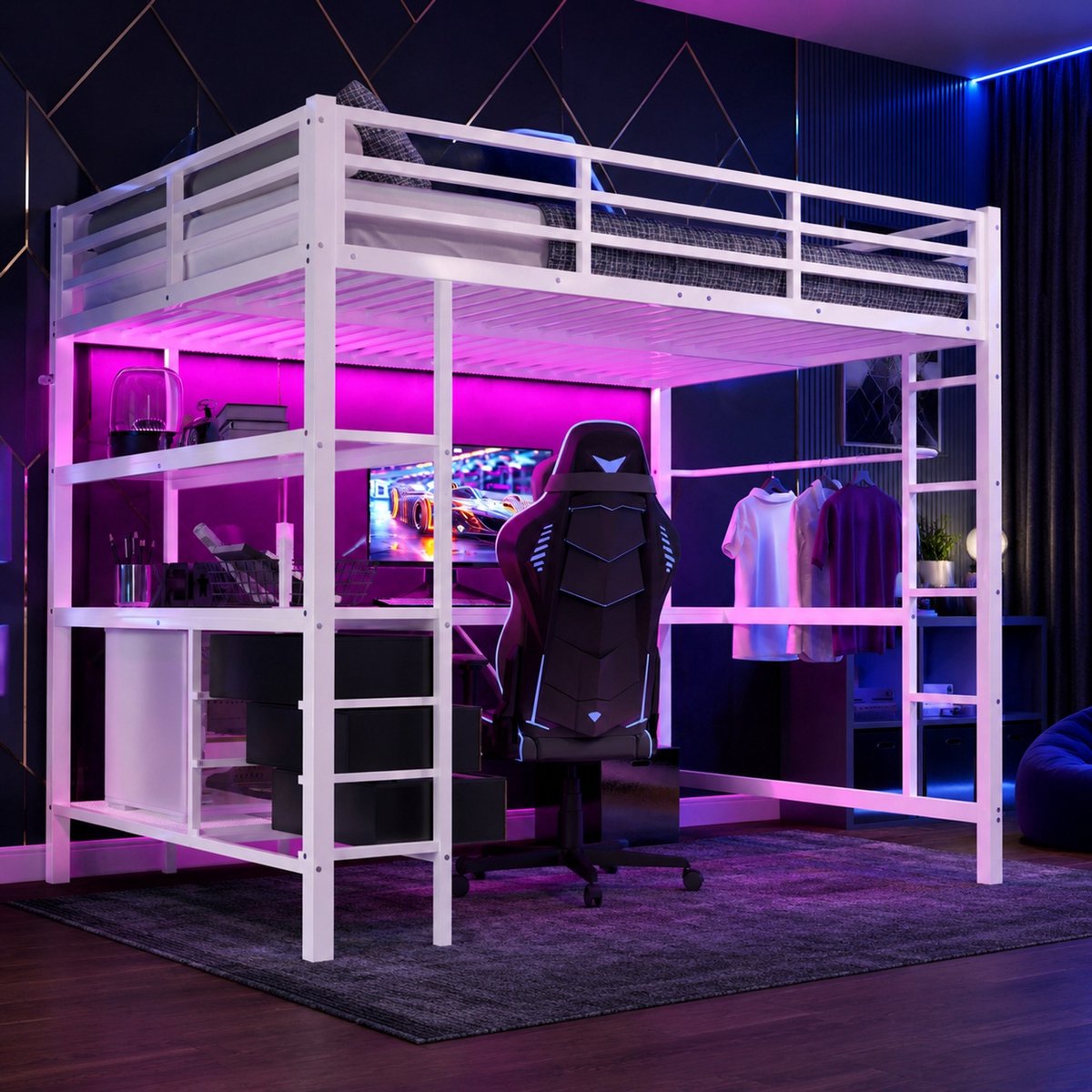 COVREO Hoogslaper 140x200 cm wit, met bureau, LED en 3 lades