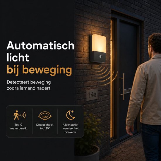 Man loopt naar zwarte buitenlamp met sensor op bakstenen muur. De lamp schijnt. Links 'Automatisch licht bij beweging' en detectie-iconen.