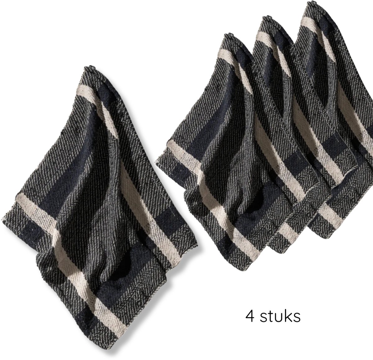 PUEBCO - keukendoek - zwart met ruit - recycled katoen - set van 4 stuks - 40 x 45 cm - handgemaakt