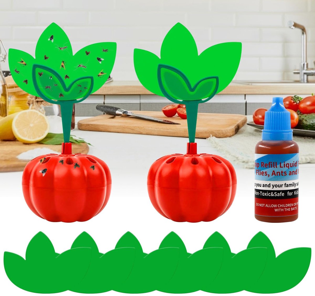 Fruitvliegenval, 2 stuks fruitvliegenval voor herbruikbaar, met lokstof, fruitvliegenval met 8 x groene stickers - ShopVlot