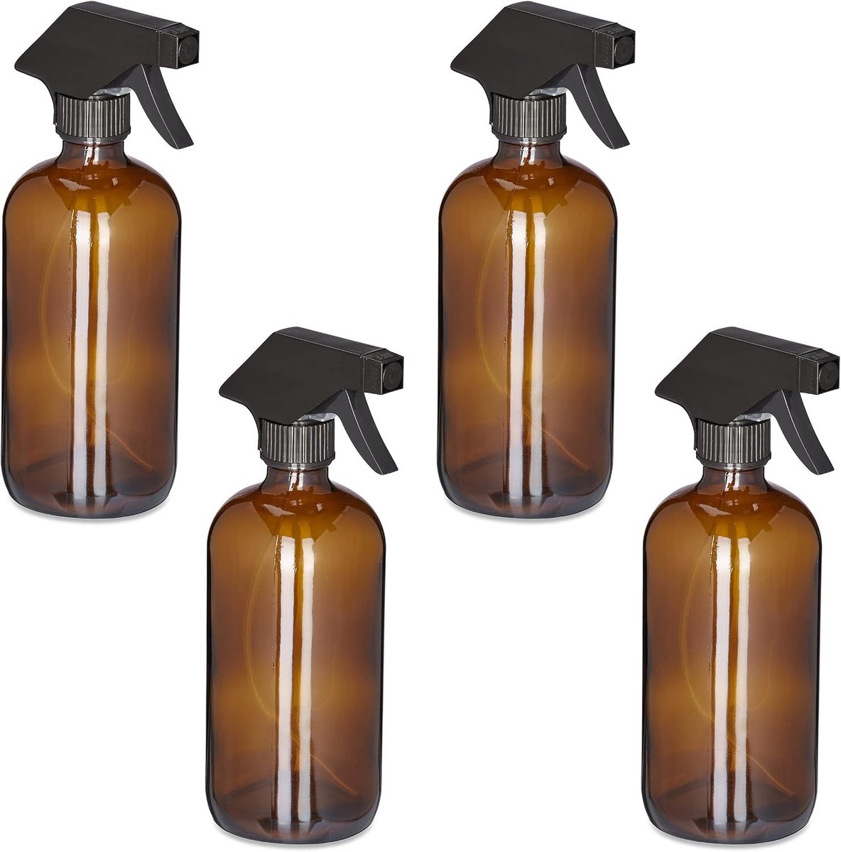 Relaxdays plantenspuit set van 4, 500 ml, nevel en straal, als sproeifles, kappersspuit of schoonmaakspuit, glas, bruin