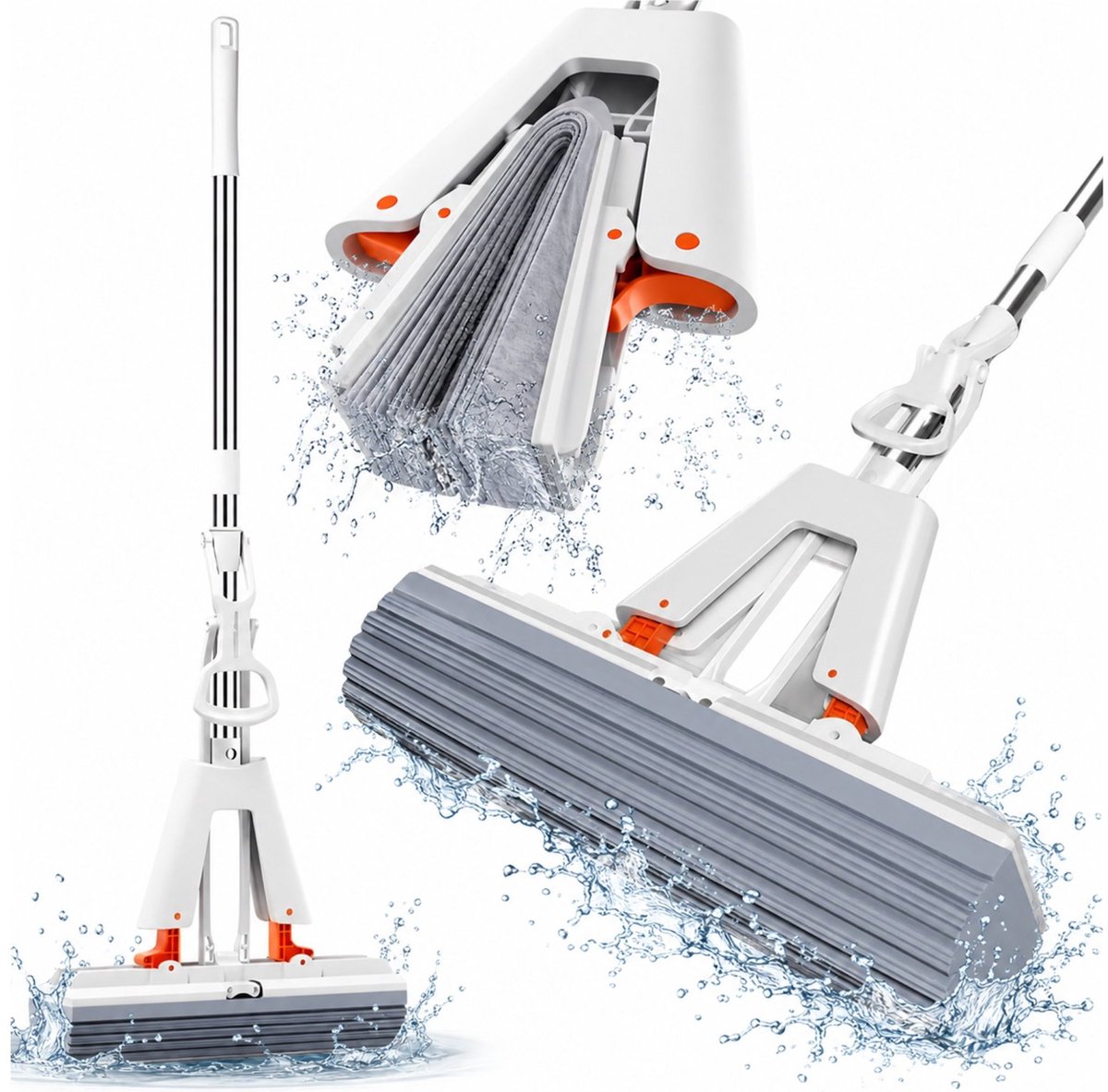 Kenz® - Magische Dweil - Dweil met Uitknijpfunctie - Wit - 118 x 27 cm - Inclusief Spons - Mop met Spons - Knijpmechanisme met Instelbare Intensiteit