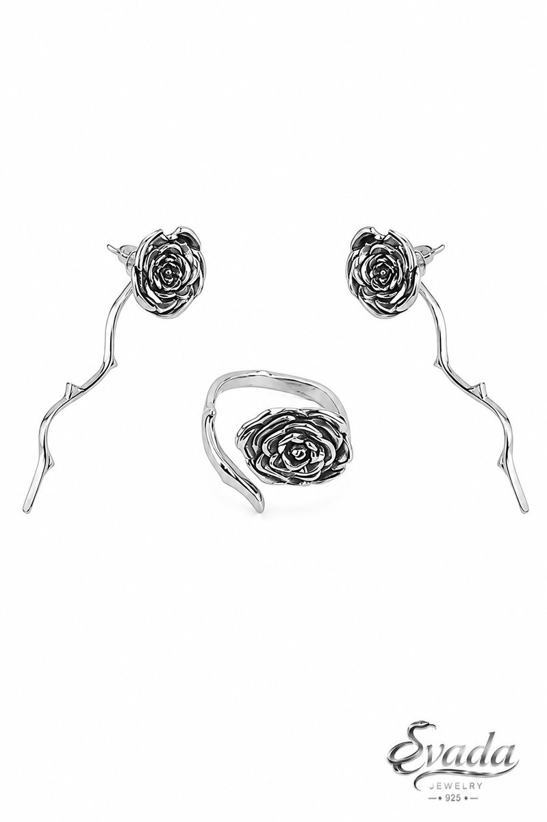 925 Sterling Zilver Sieradenset Roos – Ring met Oorstekers – Rose Flower Jewelry Set – Bague & Boucles d’Oreilles Rose – Vintage Dames – EVADA Jewelry