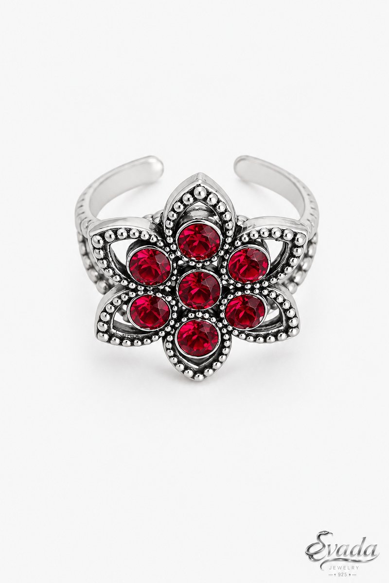925 Sterling Zilver Ring met Rode Stenen – Bloem Design – Verstelbare Damesring – Red Stone Flower Ring – Bague Fleur Pierre Rouge – EVADA Jewelry