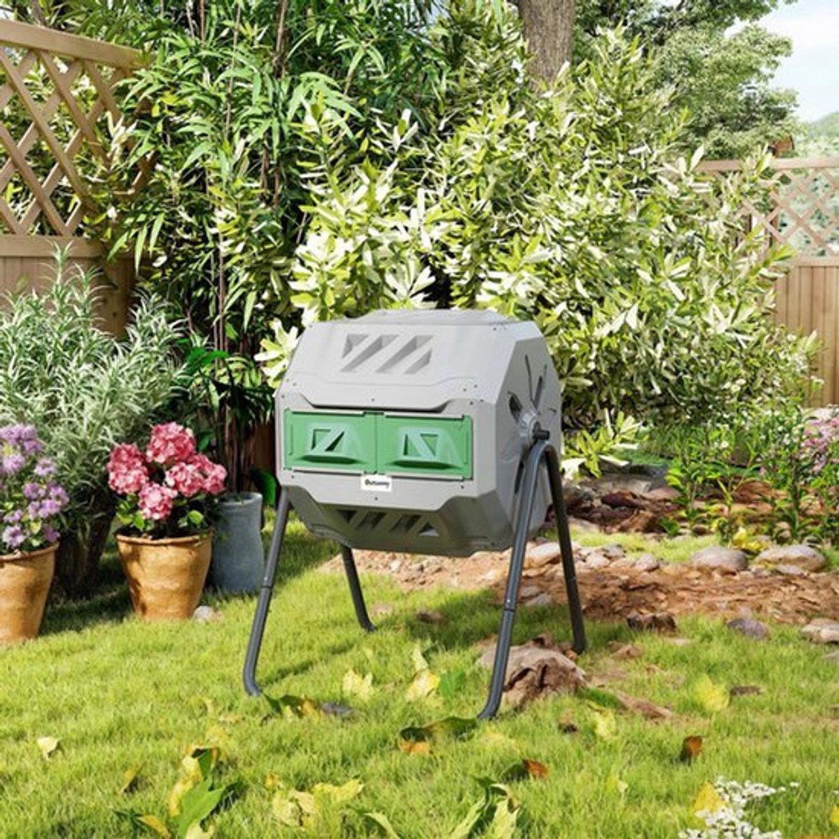 Compostbak – Compostcontainer – Compostton – Compostvat – Composteerbak – 2-Kamer Systeem – 160L Capaciteit – Draaibare Trommel – Grijs Groen Zwart