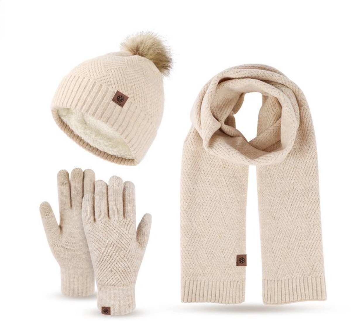 Winterset – Muts Sjaal Handschoenen Set 3 Delig – Warme Wolmix Gebreid – Zachte Fleece Voering Winddicht Winteraccessoires – Voor Dames Heren Herfst Winter Buiten – Camel Beige – 3 Stuks