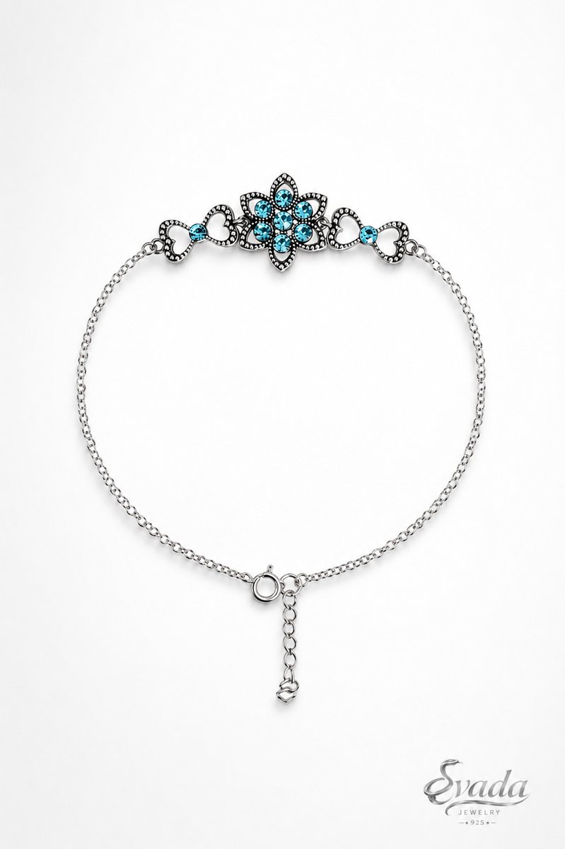 925 Sterling Zilver Armband met Blauwe Stenen – Bloem & Hart Design – Blue Stone Bracelet – Bracelet Argent Pierre Bleue – EVADA Jewelry