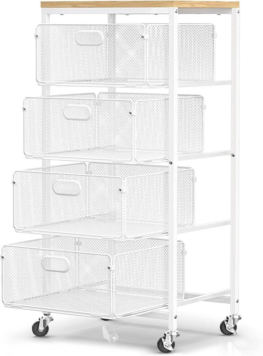 Rolkar met Lades - Wit - 4-laags Metalen Opbergkar met Vergrendelbare Wielen - Voor Keuken, Badkamer, School, Studio, Kantoor, Slaapkamer