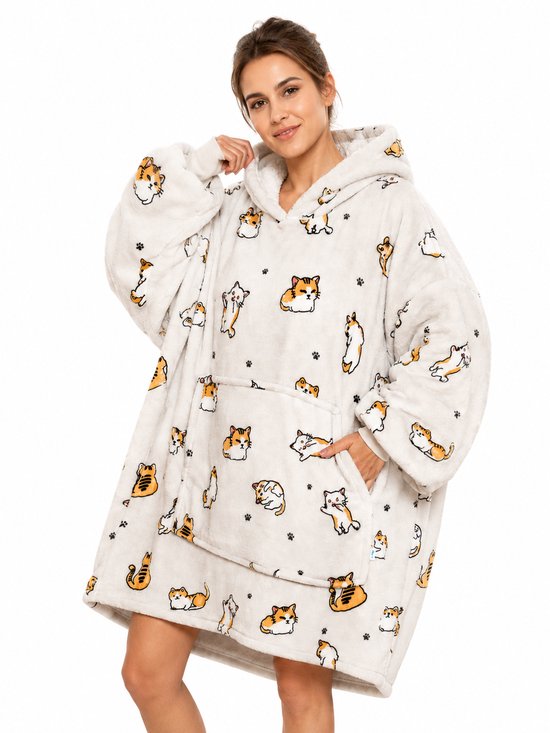 Comfortabele oversized hoodie met kattenprint in beige en oranje. Met capuchon en grote voorzak.