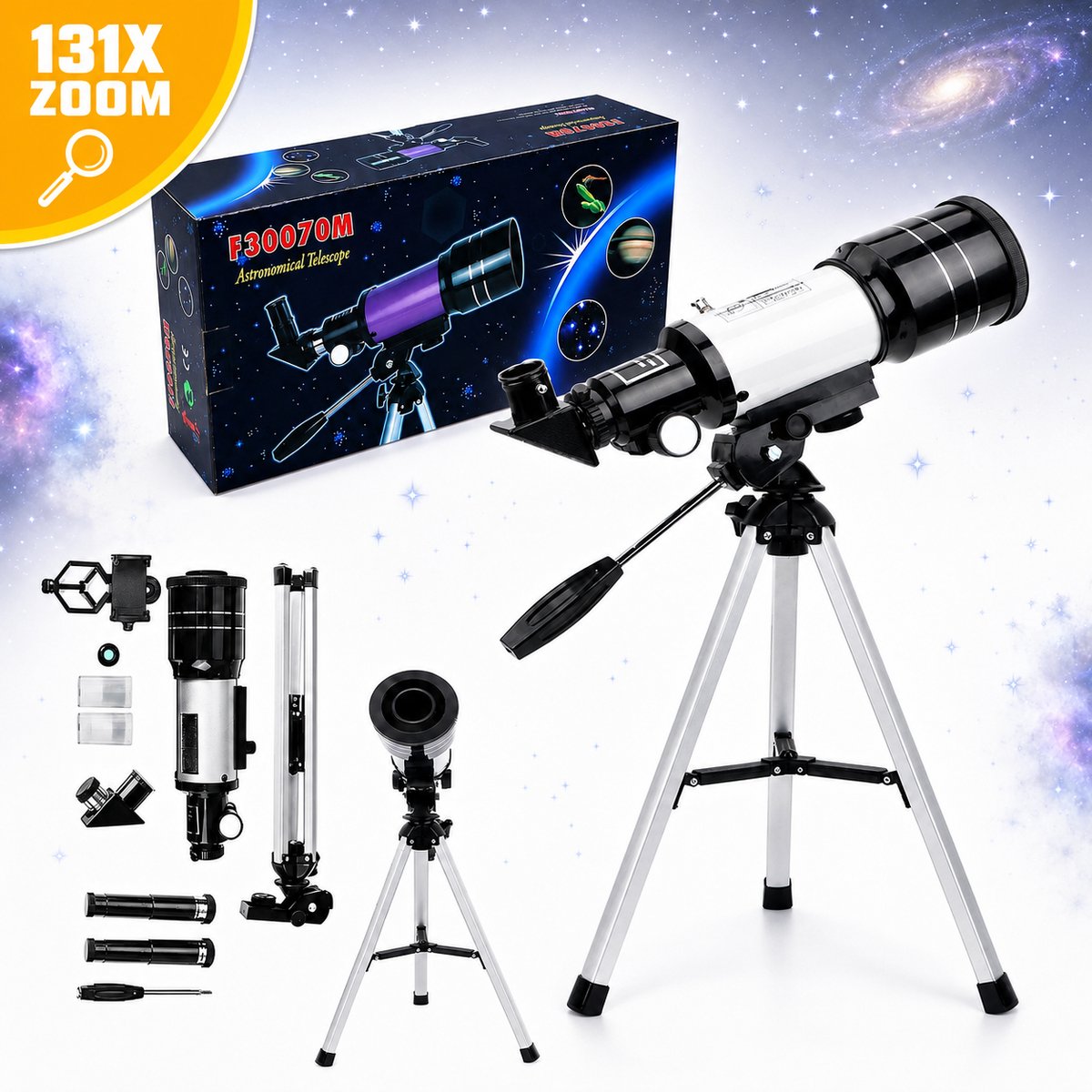 Astronomische Telescoop - Refractor Telescoop 70/300 mm - 131x Lichtverzamelend Vermogen - 70 mm Objectief - Multilayer Coating - 3x Barlowlens - Statief met Smartphonehouder - Voor Maan, Planeten en Beginners