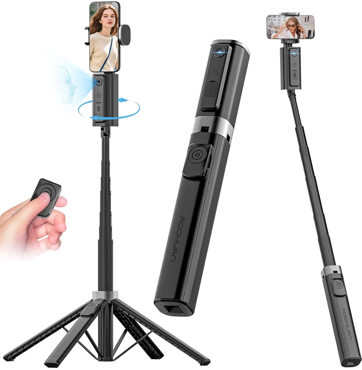 Cherrys Finds - Selfiestick - Smart M3 Draagbare Selfiestick - Met AI-Tracking - Face Tracking - 360° Rotatie - Selfiestick Universeel - Zwart