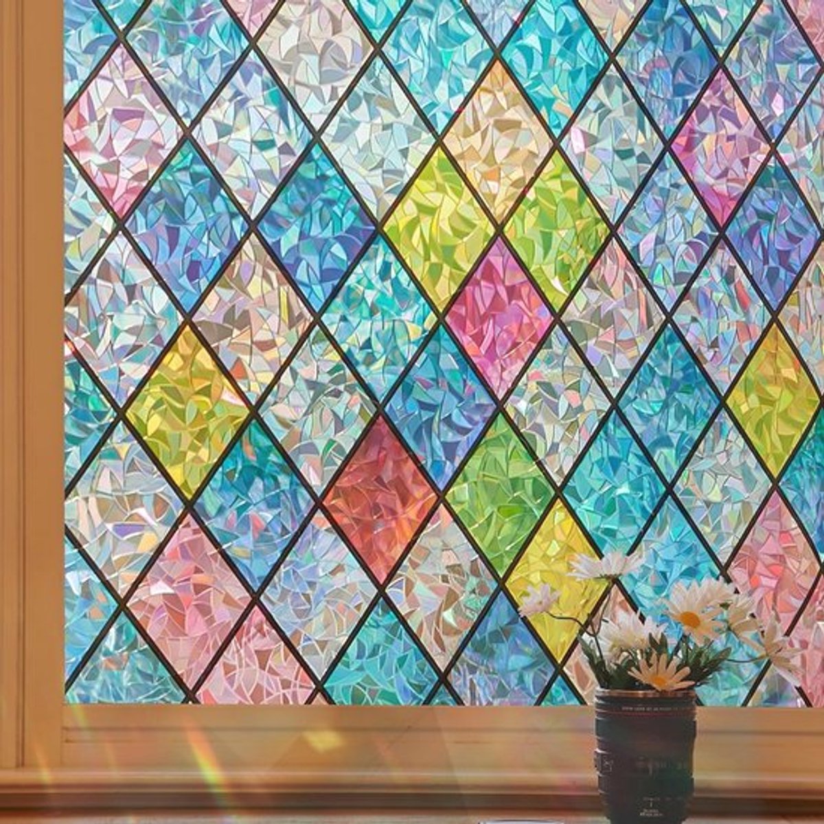 Privacy Raamfolie met Regenboogpatroon - Matte Glas-in-Loodfolie voor Thuis en Kantoor