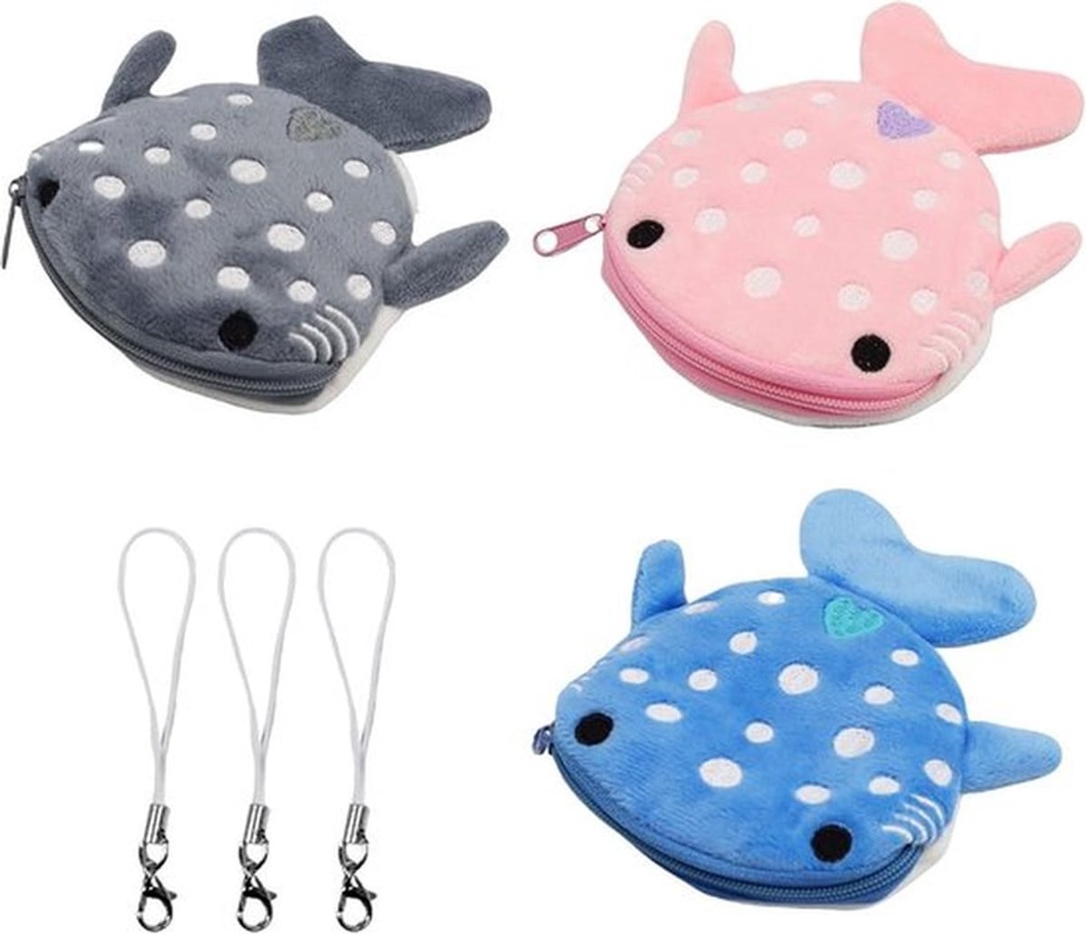Set van 3 mini portemonnees van polyester met koord - Baby Shark-portemonnee - Zachte pluche walvis - Drie kleuren - Muntenopslag - Hoofdtelefoon - Sleutels - Blauw - Roze - Grijs - Schattig