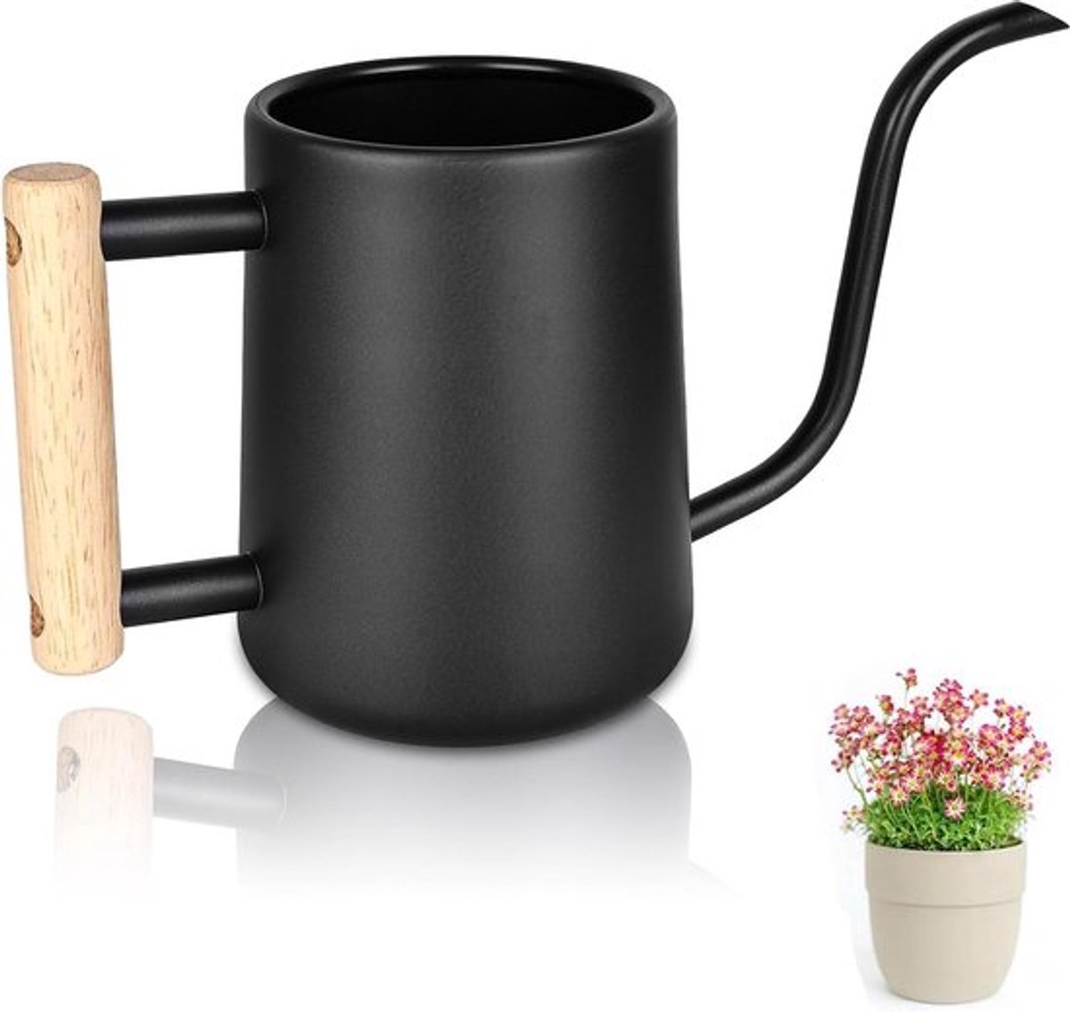 Roestvrijstalen Gieter 1L met Houten Handvat – Ideaal voor Kamerplanten en Kantoor