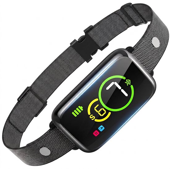 Zwarte anti-blafband met metalen mesh band en digitaal scherm met icoontjes en getal '6'.