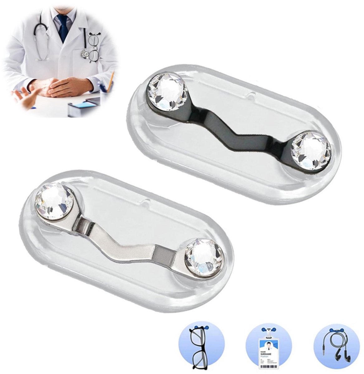 2 stuks - Magnetische houder - geschikt voor bril, magnetische pin (zilveren band kristal en zwarte band kristal) mannen en vrouwen bril magneet, naam badge klem, pin op het shirt om de bril veilig te stellen