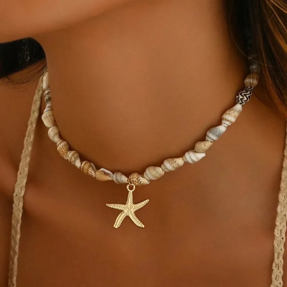 Jomide Ketting Zeester Schelpjes - Beige/Goudkleurig