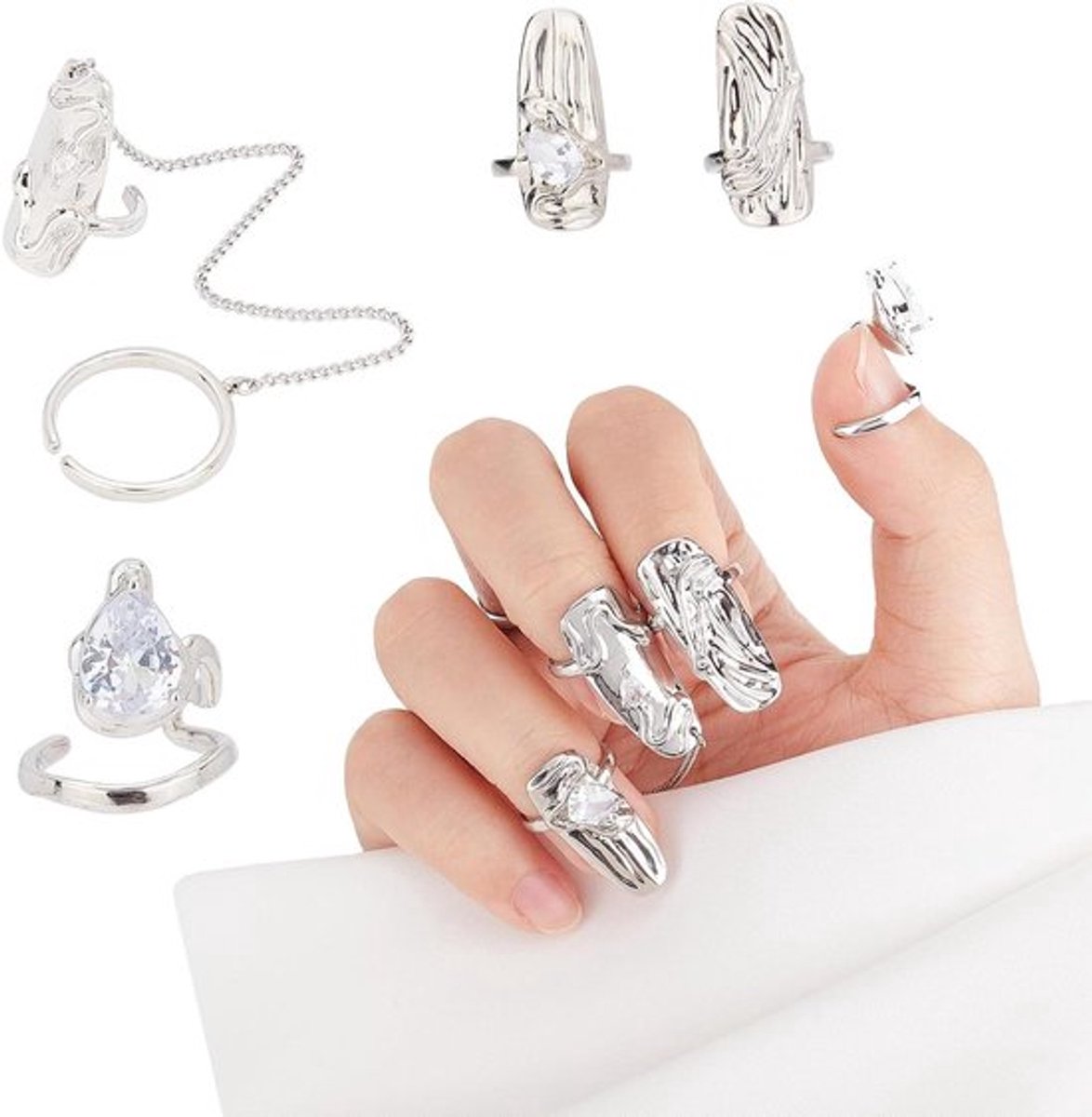 Zilveren Punk Vingernagel Klauw Ringen - Strass - Verstelbaar - Open Nagelringen - Handdecoratie - Cosplay Kostuum Decoratie