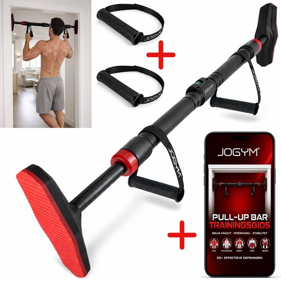 Zwarte JOGYM optrekstang met rode accenten, inclusief handvaten en trainingsgids.