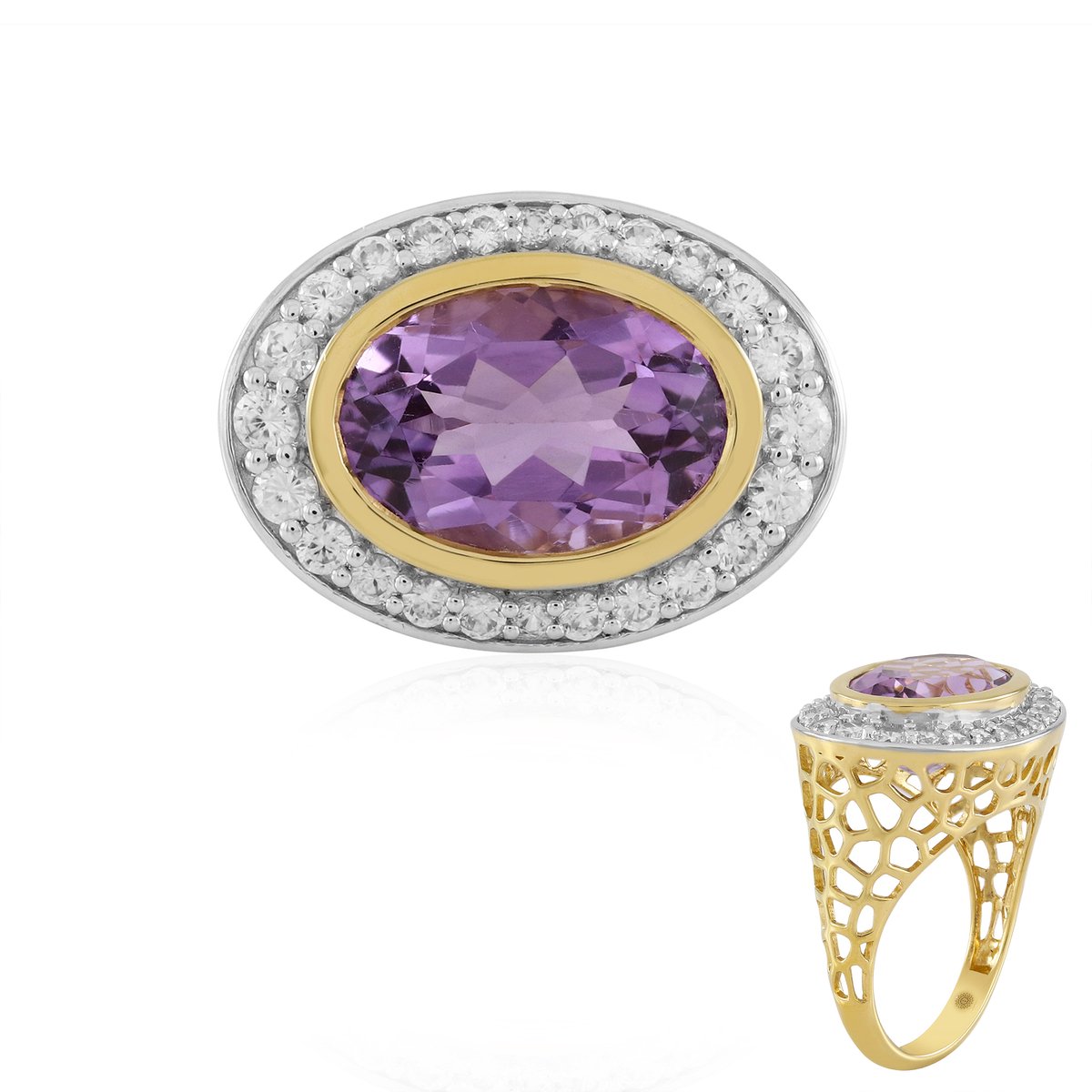 Cavill - Elegante Vergulde 925 Zilveren Ring met 5,4 Ct Lavendel Amethist en Cambodjaanse Zirkonen - Ovaal Design - Amethist Sieraden Dames