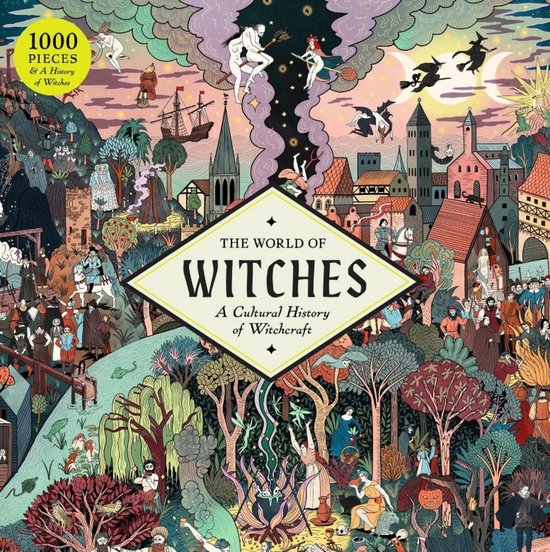 Puzzle de 1000 pièces : Le Monde des Sorcières, illustrant des sorcières, des châteaux et une ville historique.