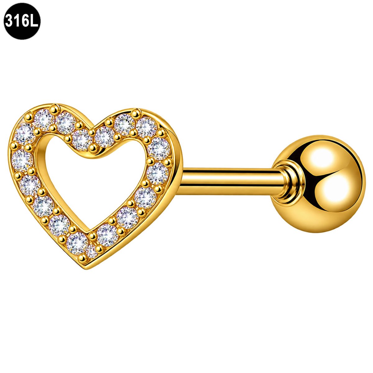 Helix Piercing - Hartje met Kristallen – 316L Chirurgisch Staal – Goudkleurig – 1.2 x 6 mm – Tragus Kraakbeenpiercing