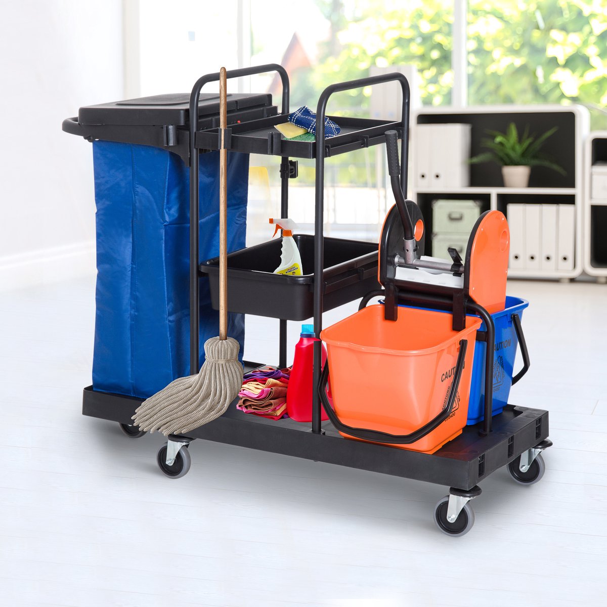 COVREO Reinigingswagen 111 x 63,3 x 103 cm zwart metaal, met uitwringer