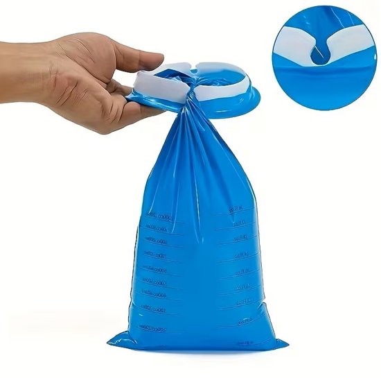 Blauw reiszakje met witte rand, met maataanduiding. Een hand houdt het open bovenste deel vast. Inzet toont detail van de opening.