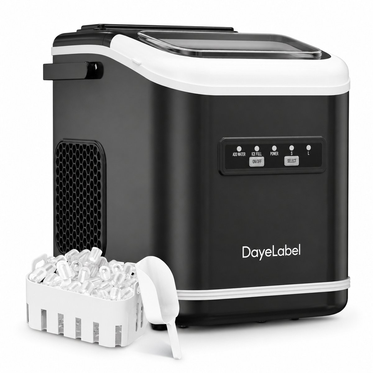DayeLabel IJsblokjesmachine – IJsblokmaker Inclusief Luxe Thermosbeker en IJsschep – 9 Blokjes in 8 Minuten – Zwart