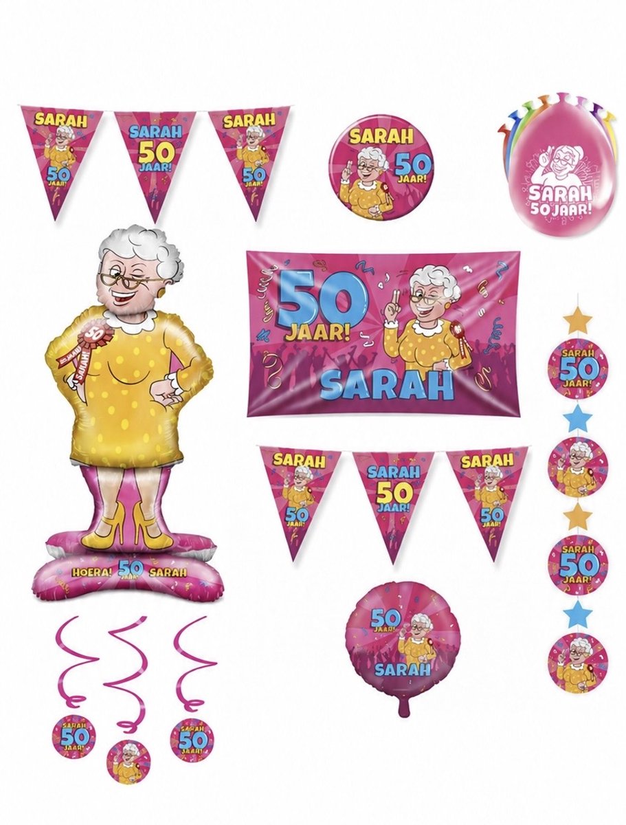 50 jaar verjaardag - SARAH versiering Pakket - opblaasbare Sarah pop - gevelvlag - vlaggenlijn - ballonnen - button - 17 delige feestset decoratie